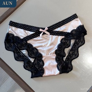 AUN法式純慾蕾絲少女內褲性感緞麵透氣包臀新款無痕中腰三角短褲