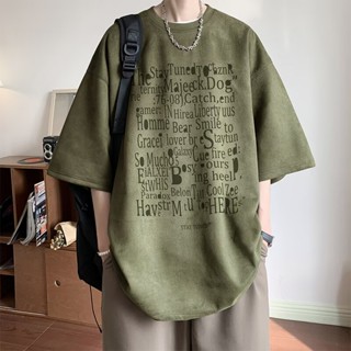韓版麂皮絨短袖t恤 高品質男女生同款上衣 美式復古印花T恤 寬鬆加大碼oversize短tee 夏季衣服（HJ185）