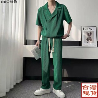 【超讚CP0524】最新熱銷夏季ins輕熟風網紅休閒冰絲薄款套裝男痞帥短袖長褲兩件套髮型師