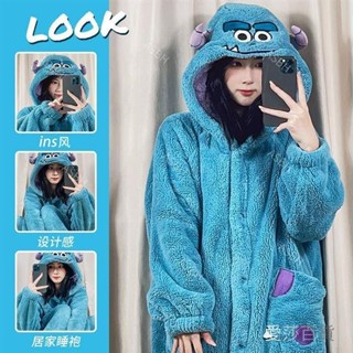 2023ins風小怪獸睡袍珊瑚絨睡衣女長款睡袍女冬可愛浴袍加厚大眼仔