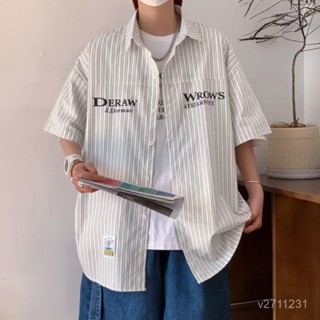 免運+森日嚴選 日係複古條紋短袖襯衫男2023年夏季薄款寬鬆bf風休閒情侶襯衣外套 襯衫