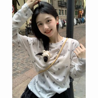 女生短袖上衣 夏季多巴胺蝴蝶結印花防曬透款時髦顯瘦寬鬆圓領長袖T恤打底上衣 韓係短袖上衣 透氣 oversize YH