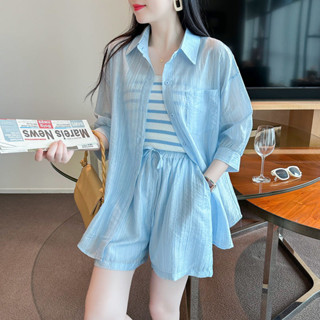 Yoo Closet|三件式套裝 2025夏季新款寬鬆時尚防曬衫襯衫上衣+條紋吊帶背心+短褲三件套裝 女生套裝 三件套女