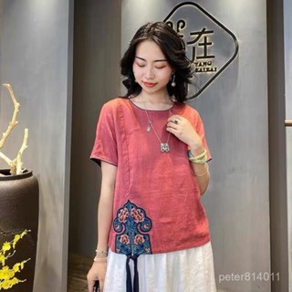 【PE】古著上衣 輕薄透氣 棉麻刺繡上衣女圓領夏季民族風短袖文藝複古寬鬆大碼女裝襯衫新款