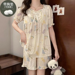 短袖睡衣女夏季冰絲螺紋帶胸墊卡通女士睡衣寬鬆甜美家居服套裝短袖睡衣 居家睡衣 夏季睡衣 冰絲睡衣 居家服 睡衣