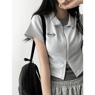 Codibook｜韓國 HIJJOO 刺繡兩穿風格翻領短袖拉鍊外套［預購］拉鍊外套 full-zip-vest 女裝