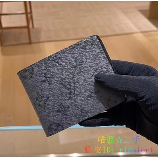 喵醬☆二手 LV 路易威登 SLENDER 經典老花 帆布拼皮 短夾對開 錢夾 零錢包 錢包 M80906 男款 黑灰色