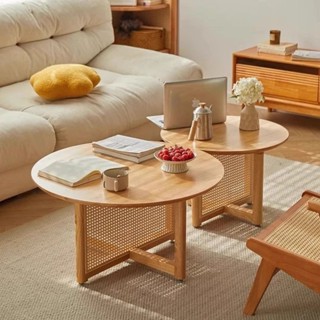 J24 Casa |日式藤編實木茶幾原木簡約客廳陽臺家用侘寂圓形矮桌喝茶咖啡桌