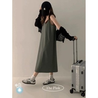 Codibook｜韓國 thepink 休閒U領素色吊帶長版連身洋裝［預購］長洋裝 細肩帶緞面洋裝 女裝