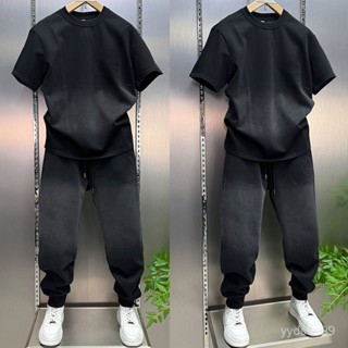 韓式港男🗽上衣+褲子休閒套裝夏季潮牌圓領短袖束腳哈倫褲時尚潮男女兩件套 4XRC
