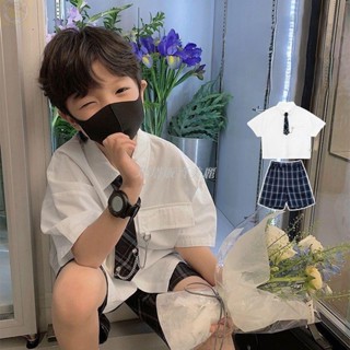 [塔塔·販賣美麗、超讚]日系男童白襯衫套裝 兒童夏季短袖短褲二件式套裝 炸街帥氣襯衫 215歲 男童禮服白襯衫 兒童畢業