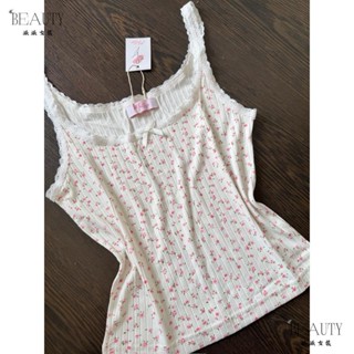 ✨臺灣出貨✨ 背心 上衣 小可愛 女裝 吊帶背心 吊帶 女式 2 件套家居服襯衫,帶有可愛的花卉圖案的蕾絲飾邊