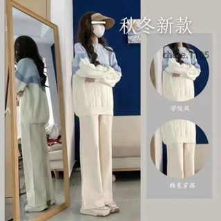 【臺灣出貨】秋冬日係美拉德穿搭撞色軟糯麻花針織毛衣女+休閒褲 甜美清新 加絨保暖 知性溫柔兩件套裝 韓版 潮ins