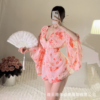 日式和服💗情趣內衣 大碼性感日式櫻花和服溫泉浴袍大碼V領低胸蝴蝶結印花女 MIAI