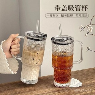 熱銷精選-6.4🌟大容量玻璃吸管杯帶把手冰美式拿鐵咖啡杯果茶杯辦公室帶蓋水杯子