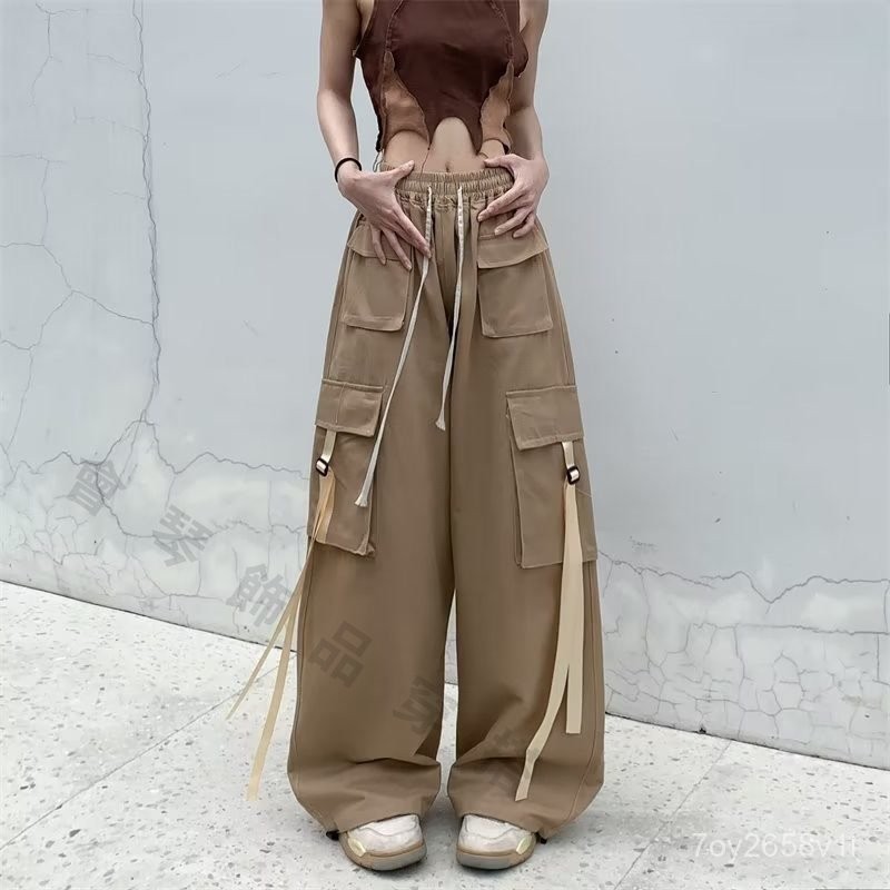 臺灣出貨 免運 長褲 多巴胺 薄款 夏季 美式軍綠色工裝褲女款新款夏季嘻哈多口袋薄款束腳休閒運動褲