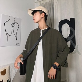 棉麻襯衫男 民族風立領素色百搭立領七分袖襯衣 韓版復古潮牌 透氣排汗上衣 大尺碼 男生衣著
