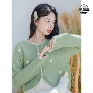 🛒臺灣出貨🛒綠色針織開衫毛衣女春季新款甜美溫柔設計感小眾短款長袖上衣外套 ck800603