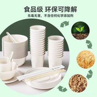 限時特賣✨稻殻露營一次性餐具組閤可降解一次性碗食品級加厚耐高溫家用酒席