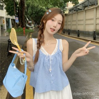 🟠ViVi SHOP🟠 甜美蕾絲格子背心拚接夏季係帶寬鬆吊帶上衣無袖假兩件