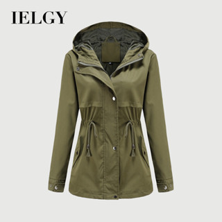 IELGY 時尚新款風衣中長連帽外套收腰戶外雨衣