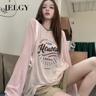 IELGY 字母印花長袖t恤女薄款寬鬆撞色上衣