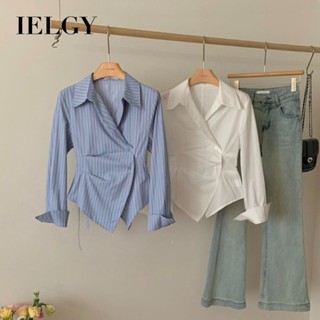 IELGY 不規則收腰條紋襯衫女式修身長袖上衣