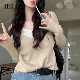 IELGY 2025早秋V領拼接針織毛衣韓版修身休閒女上衣
