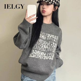 IELGY 加厚長袖圓領針織毛衣女寬鬆灰色上衣