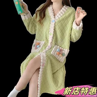 ✨新店特惠✨✨限時特價✨珊瑚絨 秋冬季 睡裙長款 睡袍女 花連衣裙 加絨加厚 法蘭絨 浴袍 睡衣外套女 加厚保暖 長袖v