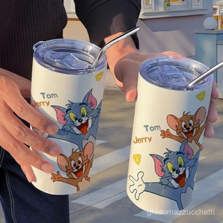 【Tom & Jerry】貓和老鼠塗鴉咖啡杯帶吸管隨手水杯網紅高顏值不鏽鋼保溫杯男女保溫 保冰 水杯 保溫杯
