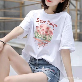 100%純棉 短袖t恤女 鬱金香印花 短袖上衣 夏季衣服 韓式上衣 圓領上衣 大尺碼上衣 寬鬆t恤 打底衫 女士短袖 t