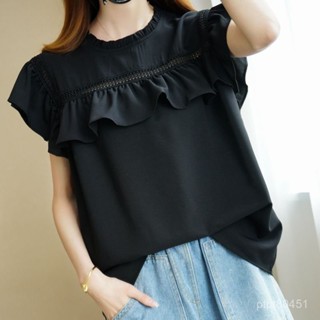 大尺碼女裝 T恤女 夏裝 荷葉邊無袖薄款雪紡衫女2025年夏季新款歐美風寬鬆大碼套頭上衣潮