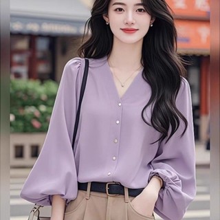 🌸臺灣限價免運🌸鹿鹿 秋季新款高階感氣質顯瘦燈籠袖小衫襯衫法式v領百搭型長袖上衣女