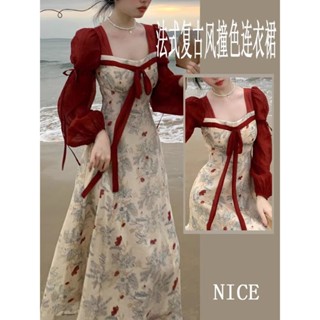 💎晚禮服💎宮廷風復古系帶拼接撞色連衣裙女秋冬新款氣質方領大碼碎花長裙子