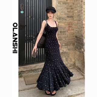 QB 免運 文藝復古風 氣質感 洋裝 假日穿搭 Olanshi法式赫本碎花方領吊帶連衣裙女露背裙子修身收腰包臀魚尾