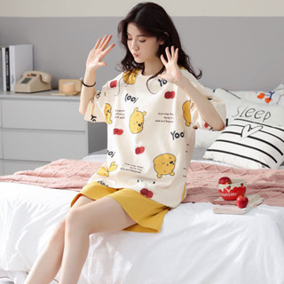 夏季新款睡衣女 家居服 睡衣 居家服 短袖套裝 短袖短褲套裝 甜美家居服牛奶絲 韓版女裝 春夏秋女裝 蘋果維尼熊 雙短