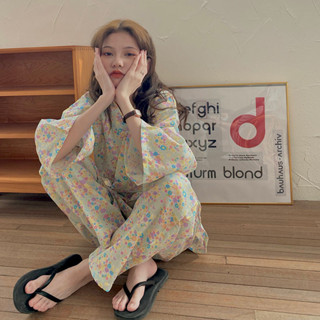 2023睡裙少女春夏秋季日式長袖睡袍可愛花朵套裝和服汗蒸睡衣浴袍