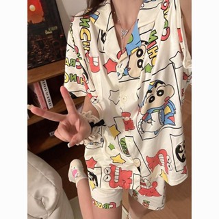 睡衣女 🔥臺灣出貨🔥 蠟筆小新卡通漫畫風短袖睡衣女夏季可愛短袖2025年新款家居服套裝