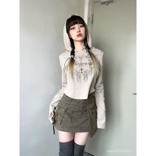 y2k 帽t y2k長袖 y2k 外套 廢土風 美式街頭辣妹連帽長袖上衣女秋季新2024款修身顯瘦搖滾印花防曬衫