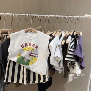 🌈Yi JiA寶貝屋🎀兒童夏季男女童無袖休閑純棉淺灰色t恤韓系背心潮韓範中小童上衣