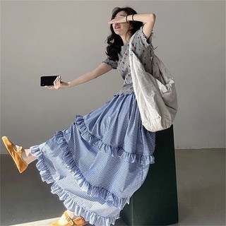 【設計感長裙】小眾荷葉邊 多巴胺 田園風格子 蛋糕半身裙 鬆緊腰長裙 a字長裙 女裝 復古長裙 格子長裙 蛋糕長裙 不規