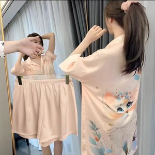 【衣海洋】男友襯衫睡衣女 夏天冰絲薄款寬鬆大碼舒適開衫 胖MM大呎碼洋氣性感純慾風 睡裙女 短褲套裝 長版寬鬆襯衫