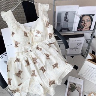 吊帶睡衣女夏季帶胸墊小熊公主風 家居服套裝 夏季睡衣女 韓版甜美清新卡通睡衣 女生居家睡衣
