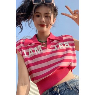 ✨夏季必備✨辣妹穿搭✨【4906人收藏】翻領字母無袖墊肩收腰顯瘦夏季法式女短袖條紋針織衫背心短款上衣