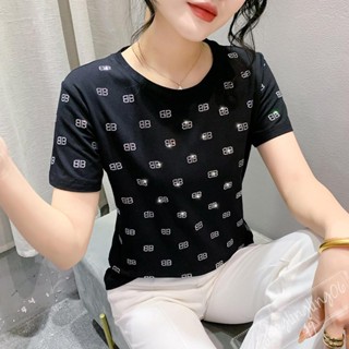 【臺灣出貨】女生衣著針織短袖上衣 韓版女裝圓領短袖T恤汗衫 重工字母燙鑽2025新款夏季潮純棉短袖t恤歐洲站女裝上衣女/