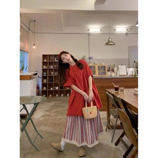 日系疊穿 日系女裝 日系森林系 日系穿搭 時尚套裝簡約中長款襯衫上衣 蕾絲花邊拼接條紋半身裙 兩件套 IE2J