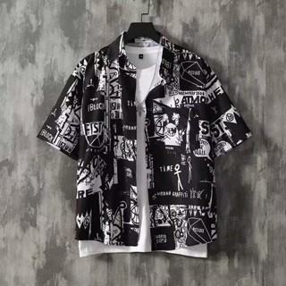 臺灣出貨日係複古印花短袖襯衫男潮牌字母襯衫寬鬆休閒百搭薄款短袖襯衣 夏季襯衫 男生襯衫 透氣襯衫 防曬襯衫 韓係襯衫