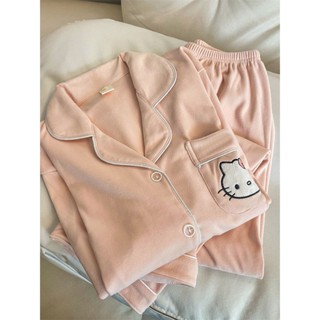 小柴兔~日系甜美可愛Kitty貓睡衣女冬季德絨保暖磨毛長袖長褲家居服套裝