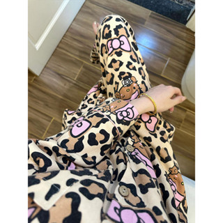 小柴兔~韓版豹紋HelloKitty貓德絨睡衣女冬季加絨加厚保暖ins學生居家服